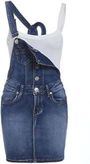 SS7New Womens Skinny Denim Dungaree Dress, Mid Blue, Sizes 8 to 14