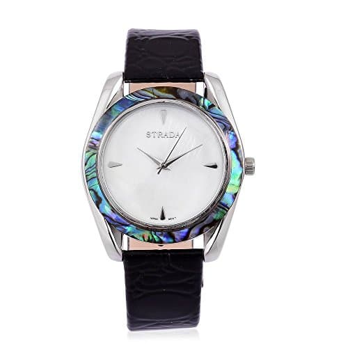 STRADA Japanese Movement MOP Dial with Abalone Shell Bezel Water Resistant Watch in Silver Tone with Stainless Steel Back and Black Colour Strap