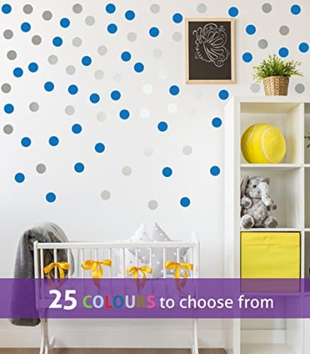 This set contains 2 inch 40 POLKA DOTS in MEDIUM BLUE and 2 inch 40 POLKA DOTS in SILVER (METALLIC MATT), wall art sticker decal, confetti dots, spots, for baby boys, girls nursery, beauty salon