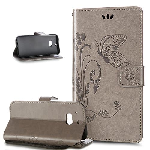 HTC One M8 Case,Wallet Case for HTC One M8,HTC One M8 Cover,ikasus Embossing Floral Flowers Butterfly Dandelion PU Leather Magnetic Flip Folio Kickstand Card Slots Wallet Case for HTC One M8,Gray