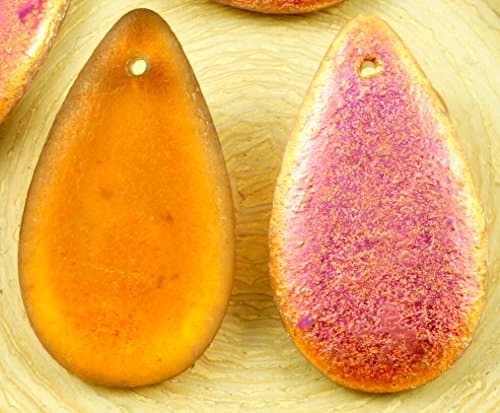 4pcs Crystal Metallic Capri Gold Copper Half Rough Rustic Etched Extra Large Teardrop Pendant Flat Czech Glass Beads 30mm x 18mm