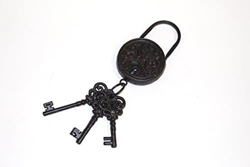 13" Antique Style Rustic Dark Brown Cast Iron Small Cast Iron Decorative Padlock with 3 Keys