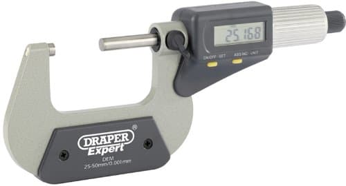 EXPERT DUAL READING DIGITAL EXTERNAL MICROMETER - 25-50MM/1-2" - Expert Quality, with enamelled frame, heat plates, satin chrome thimble and sleeve. Carbide tipped measuring anvils, lock and ratchet s