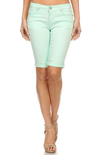 Enjean Women's Knee Length Basic Colored Shorts w/ Cuffed Hem (7 Colors) (7, Mint)