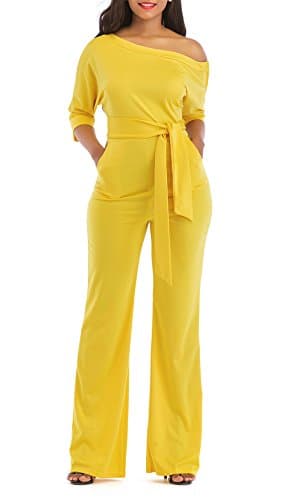 ONLYSHE Women's Sexy One Shoulder Solid Jumpsuits Wide Leg Long Romper Pants with Belt