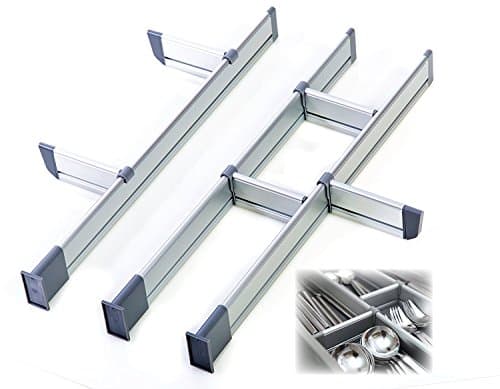 Adjustable Drawer Organizer, Customizable, Elegant Aluminum, for Clutter Free Kitchen, Junk Drawer, Office -2 SETS PACK- (9 Dividers Set - Large | for Drawers 19.7"-22" long) by Practical Comfort