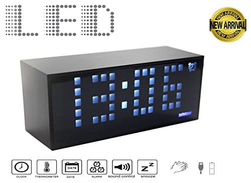 Small Digital LED Alarm Clock Large 1.5" Digits. 2-Display Mode Time 12/24 Day/Date Temperature(°C/°F) Sound-Activate &amp; USB Output Charger Port for iPhone. Power by 4xAA Battery/USB 5V DC (LED White)