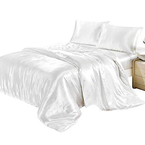 Fanatical Purchase FP 4pcs Silk Sheet Set Queen King Size Satin Solid Color Bedding Set with Deep Pocket Fitted Sheet Silk Pillowcase for Hair and Skin (White -Single)