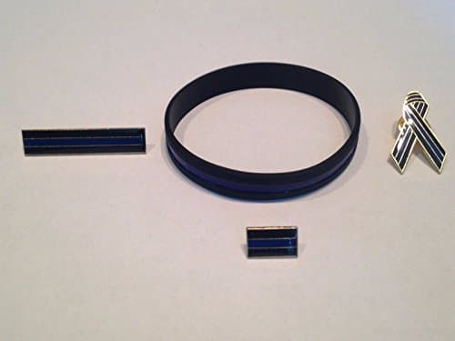 4 piece Thin Blue Line Mourning Set- Citation,Tie Tack/Hat/Cap Lapel Pin, Awareness Ribbon, Bracelet Support Police Cops Patrol Officer Heroes IM Survival TBL