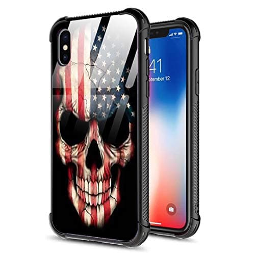 iPhone X Case,iPhone Xs Case,Slim Tempered Glass Back Cover Silicone Bumper Frame Shockproof Anti-Scratch Cover Case for Apple iPhone X/XS American Flag Skull