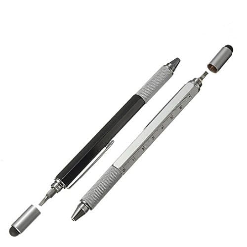 Hidan 6 in 1 Screwdriver Multitool Pen Includes 1 Ballpoint Pen, Universal Stylus, Ruler, 2 x Screwdrivers, Level Gauge - The Perfect Tech Multi-Function Gadget (Silver)