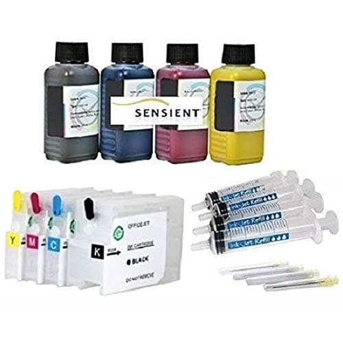 Refillable Quick-Fill Ink Cartridges with Auto Reset Chips Like HP 953 (XL) Black Cyan Magenta Yellow + 400 ml Sensient Premuim Refill Ink