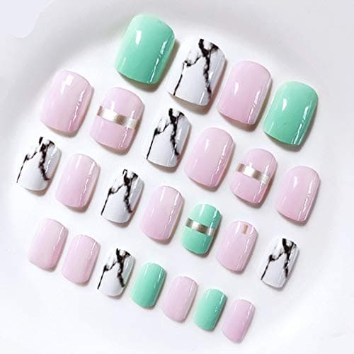 Nail Press On Short - 24pcs Short Square Fake Nails White Marble Blue On Custom With 3d Decoration Pearl Designed Tips - Canoda