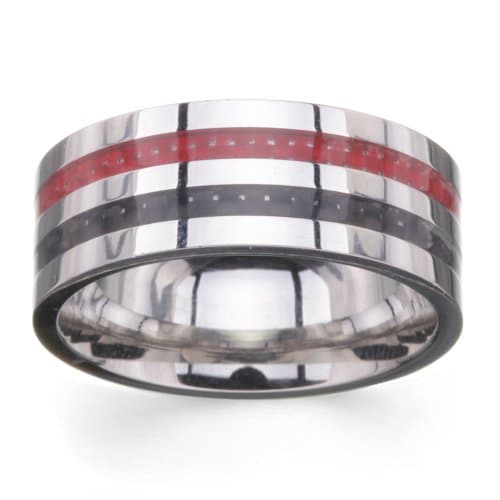 9mm High Polished Classic Flat Pipe Cut Double Row Black &amp; Red Carbon Fiber Inlay Wedding Band - Size 13