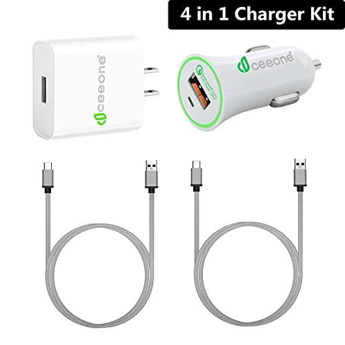 Quick Charge 3.0 Samsung S8 Charger Kit, CeeOne Qualcomm Certified USB Type C 4-in-1 Travel and Car Charger Kit with 2-Pack 5ft Nylon Cable for Samsung Galaxy S9/Note 8/S8 Plus, LG V20 and More(White)
