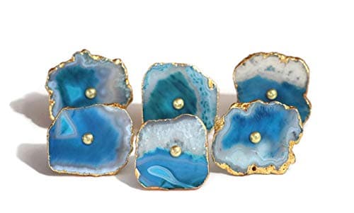 Ocean Blue Agate Stone knobs for Cabinet Doors and Drawers (8, Silver Electroplated Borders)