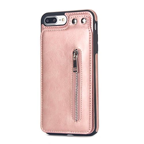 iPhone 8Plus Case, iPhone 7Plus Leather Case, MAOOY Multifunctional Soft Wallet Cover with zipper & Cards Slots & Kickstand Function Shock Absorption Protective for iPhone 7Plus/8Plus, Rose Gold