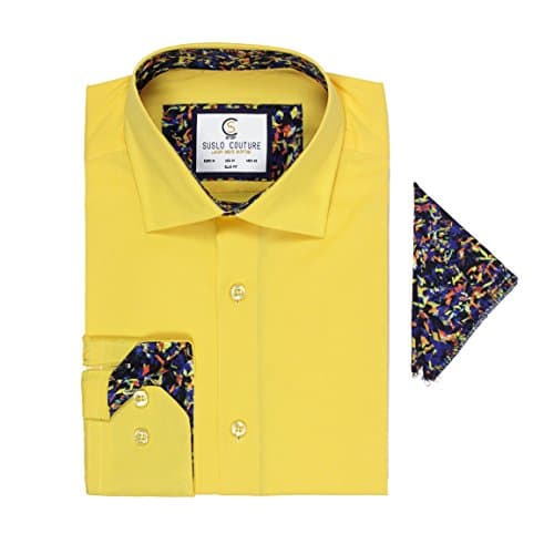 Suslo Couture Men's Slim Fit Solid Strech Button Down With A Mataching Hanki