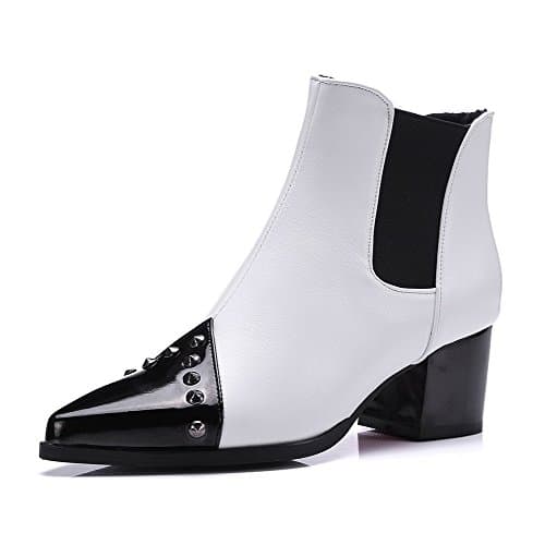 AllhqFashion Women's Solid Kitten-Heels Pointed Closed Toe PU Pull-On Boots