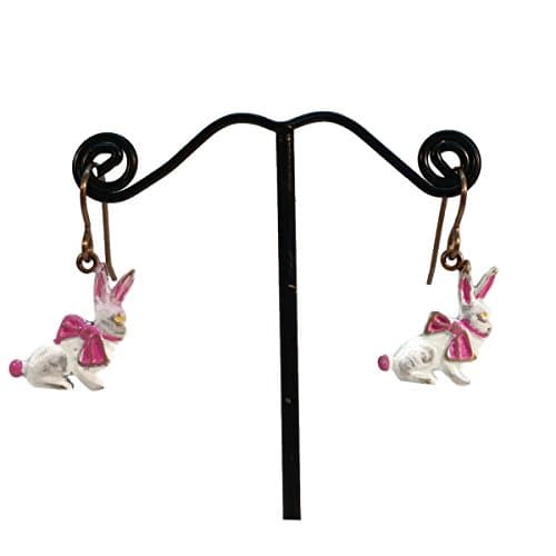 Easter, Bunny Rabbit, Hare, Hand Painted Drop Earrings, Hypoallergenic, Nickle Free, Passover, White, Pink