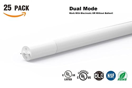 25-Pack 4ft Dual Mode Lights Talk Super T8 LED Light Tube 15W(32W or Higher Equivalent), 2200lm, 5000K(Daylight) Work With and Without Ballast, Frosted, Glass, UL-Listed (25, 5000k)