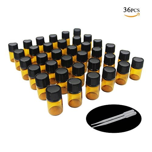 One Trillion ，2 ML(5/8 Dram) Amber Sample Glass Bottles For Essential Oil With Orifice Reducer,and Black Cap, (Pack of 36)