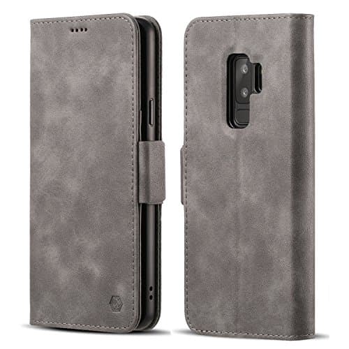 Galaxy S9 Plus Wallet Case Leather Flip Folio Case Cover with 3 Card Slots Cash Holder Vintage Leather Magnetic Closure Fpr Samsung Galaxy S9 Plus Grey