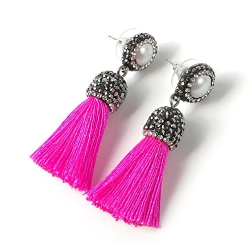 Women's Dangle Drop Short Tassel Earrings with Shell Pearl Black Rhinestone Top