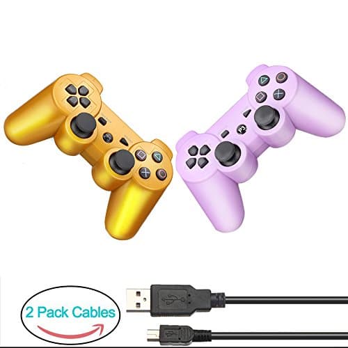 YOUCable PS3 Controller with 2 Packs Charger Cable Wireless Playstation 3 Remote Dualshock Bluetooth Gamepad (Gold+Purple)
