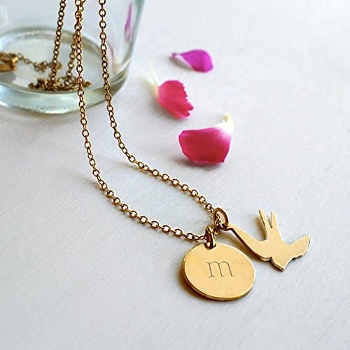 Personalized Gold Initial Disc and Swallow Charm Necklace