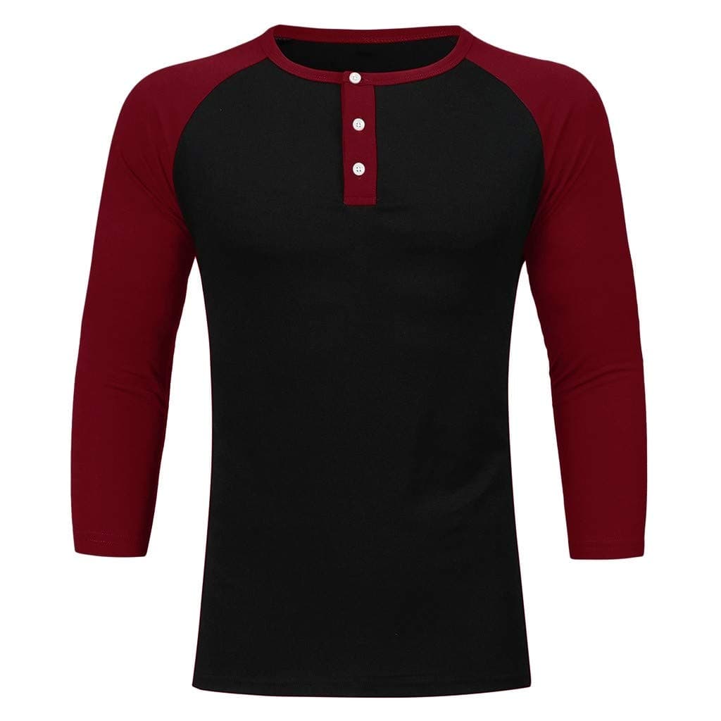Mens Casual Top Slim Fit Patchwork Button 3/4 Sleeve O-Neck T-Shirt Jumper