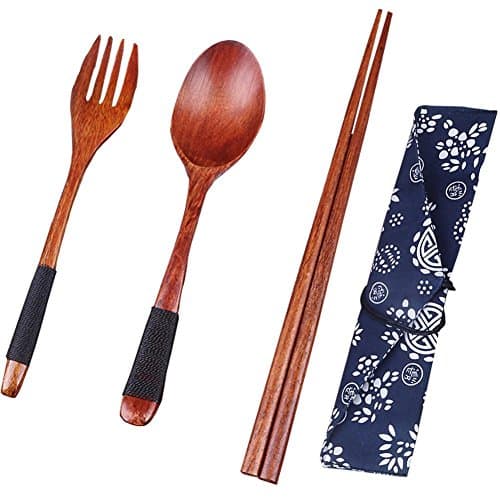 LIJUMN 3-piece Wooden Flatware Set Solid Wood Tableware Kitchen Utensils With Portable Pouch Including Wooden Fork, Wooden Spoon And Wooden Chopsticks For Camping Travel Picnic Office Home School