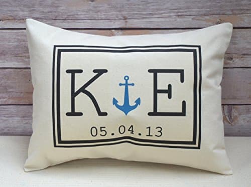 Personalized nautical Anchor Pillow with Initial Monogram and date 2nd anniversary Cotton