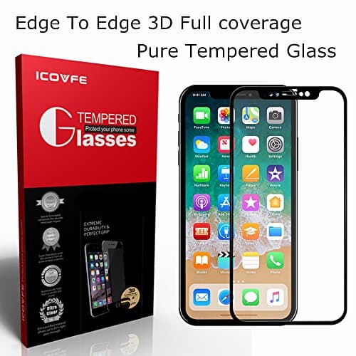 [3D Full Coverage &amp;Pure Tempered glass] Screen Protector for iPhone x, ICOVFE 9H ultra clear Tempered Glass Screen Film Protector For Apple iPhone X (BLACK)
