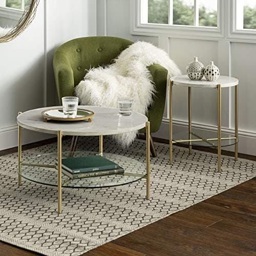 Offex 32" L 2-Piece Round Coffee Table Set - White Faux Marble/Gold