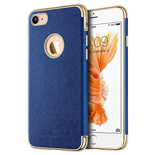 Apple Iphone 7 Saffiano Luxury Tpu Case With Electroplated Frame / Buttons And Built-In Magnatic Metal Plate - Blue