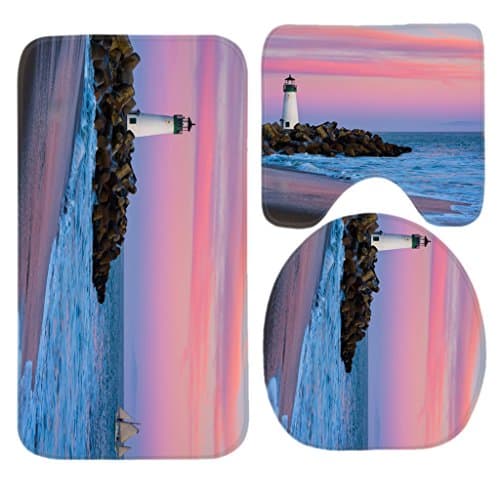White Lighthouse Pink Could Sky Bath Mat Set,3 Piece Bathroom Mats Set Non-Slip Bathroom Rugs/Contour Mat/Toilet Cover by TEYAYA