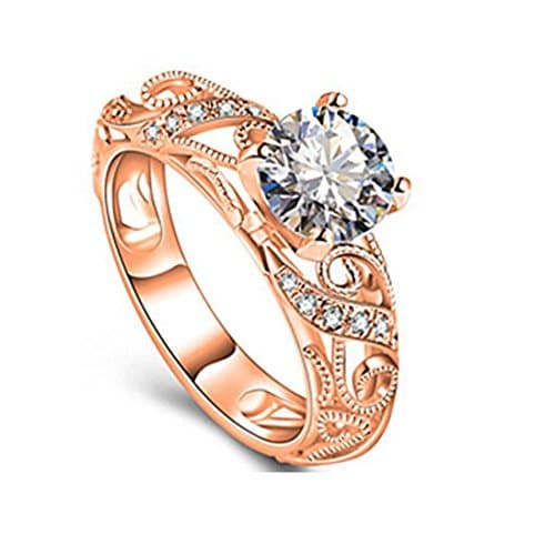 Aniywn Luxurious Micro Inlaid Ring Four-Claw Diamond Ring Elegant Engraved Diamond Ring (6#, Rose Gold)