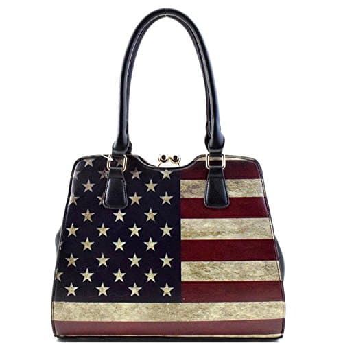 US Flag Print Kiss-lock Frame Satchel Black