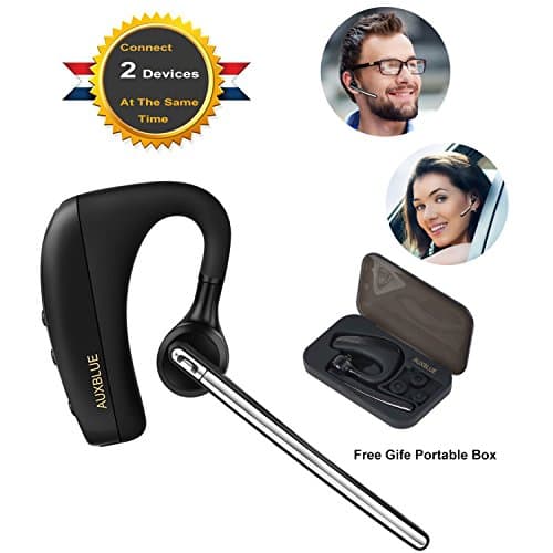AUXBLUE Bluetooth Headset, Hands Free Wireless Bluetooth In-Ear Earpiece Earbuds Noise Reduction Earphones Lightweight Headphones with Mic for Smarphone + Plastic Carrying Case