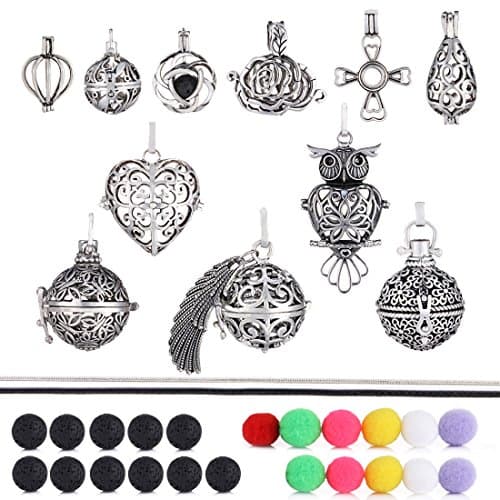 9+2Pcs Mixed Size Aromatherapy Perfume Fragrance Diffuser Lockets Pendants Necklaces Aroma Essential Oil Diffusers Necklaces With Chains Lava Stones Felt Balls