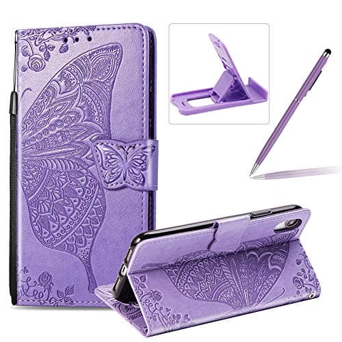 Strap Leather Case for iPhone Xs Max,Wallet Cover for iPhone Xs Max,Herzzer Classic 3D Light Purple Butterfly Flower Print Relief Magnetic Stand Case with Soft TPU