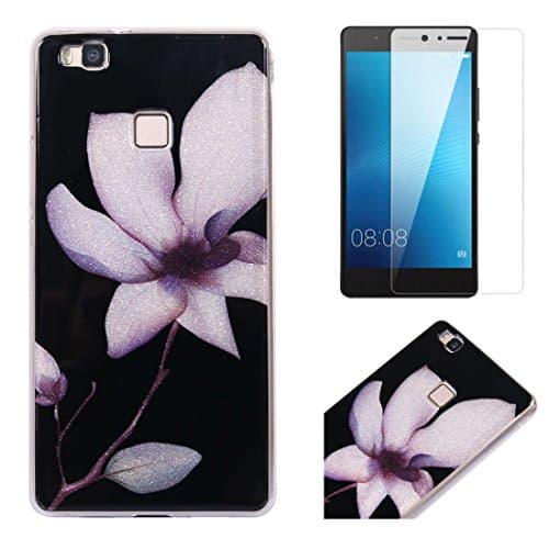 For Huawei P9 Lite Case with Screen Protector,OYIME Glitter Slim Fit Clear Silicone Soft TPU Anti-Scratch Drop Proof Resistant Rubber Protective Back Cover (White Magnolia)