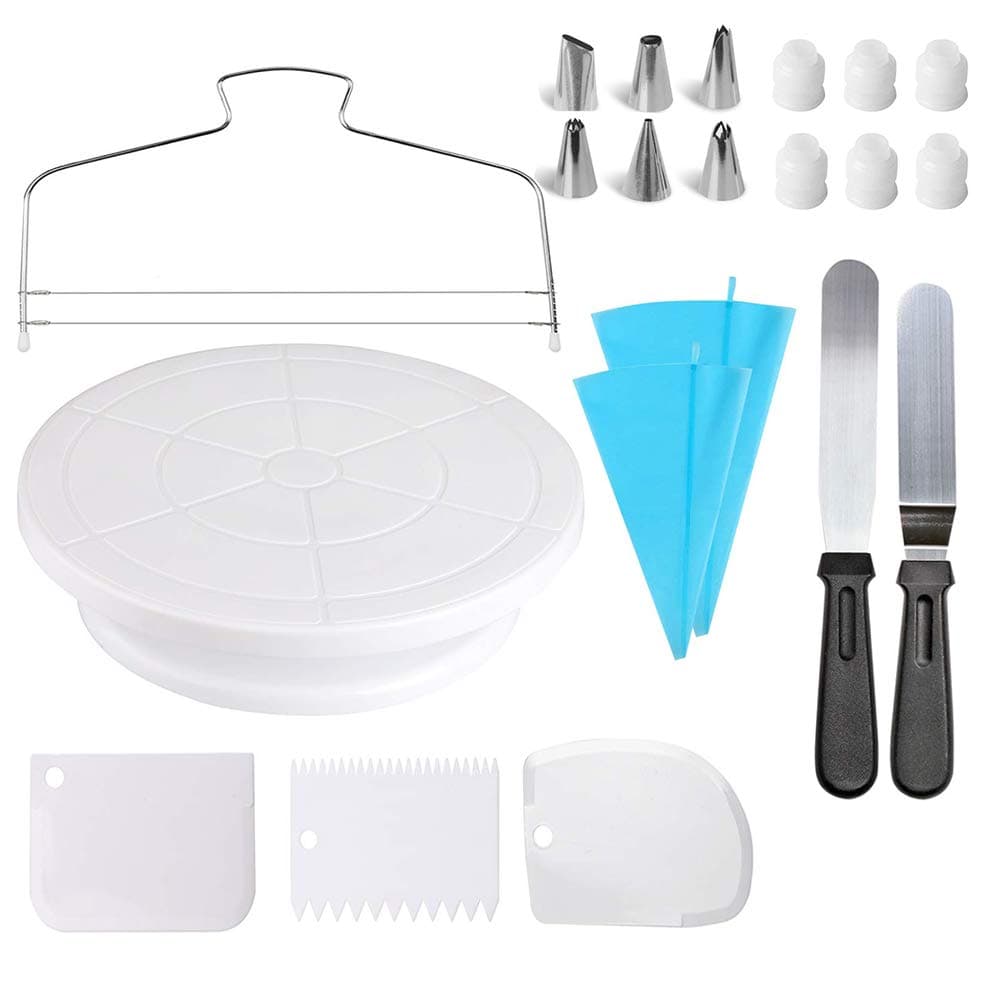 Cake Decorating Kit - Cake Rotating Turntable, Icing Spatulas, Cake Scrappers, Cake Cutter, Piping Nozzles, Pastry Bag, Piping Tip Couplers