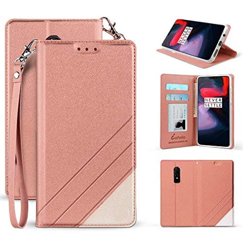 OnePlus 6 Case: Premium PU Leather Two Tone Flip Folio Credit Card Slot Wallet Case with Detachable Wrist Strap for OnePlus 6 2018 Release [Magnetic Closure & Free Emoji Keychain] (Rose Gold)