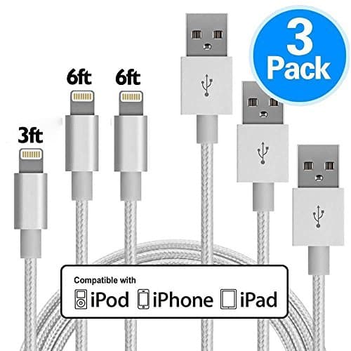 GANJOY iPhone Charger 3Pack 3FT/6FT/6FT(1M/2M/2M) Nylon Braided 8 pin Charging Cables USB Charger Cord, Compatible with iPhone X, 8, 8 Plus, 7, 7 Plus, 6s, 6s Plus, 6, 6 Plus, SE, 5s,iPad - Silver