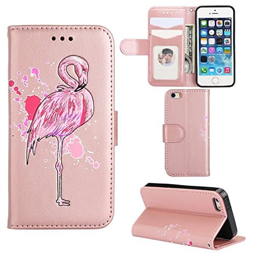 Aipyy iPhone 5S Case,iPhone SE Cases,[Card Slots][Slim] Wallet Folio Style PU Leather Glitter Powder Flamingo Emboss Flip Case Kickstand Cover &amp; Magnetic Closure for iPhone 5/5S/5SE [Rose Gold]