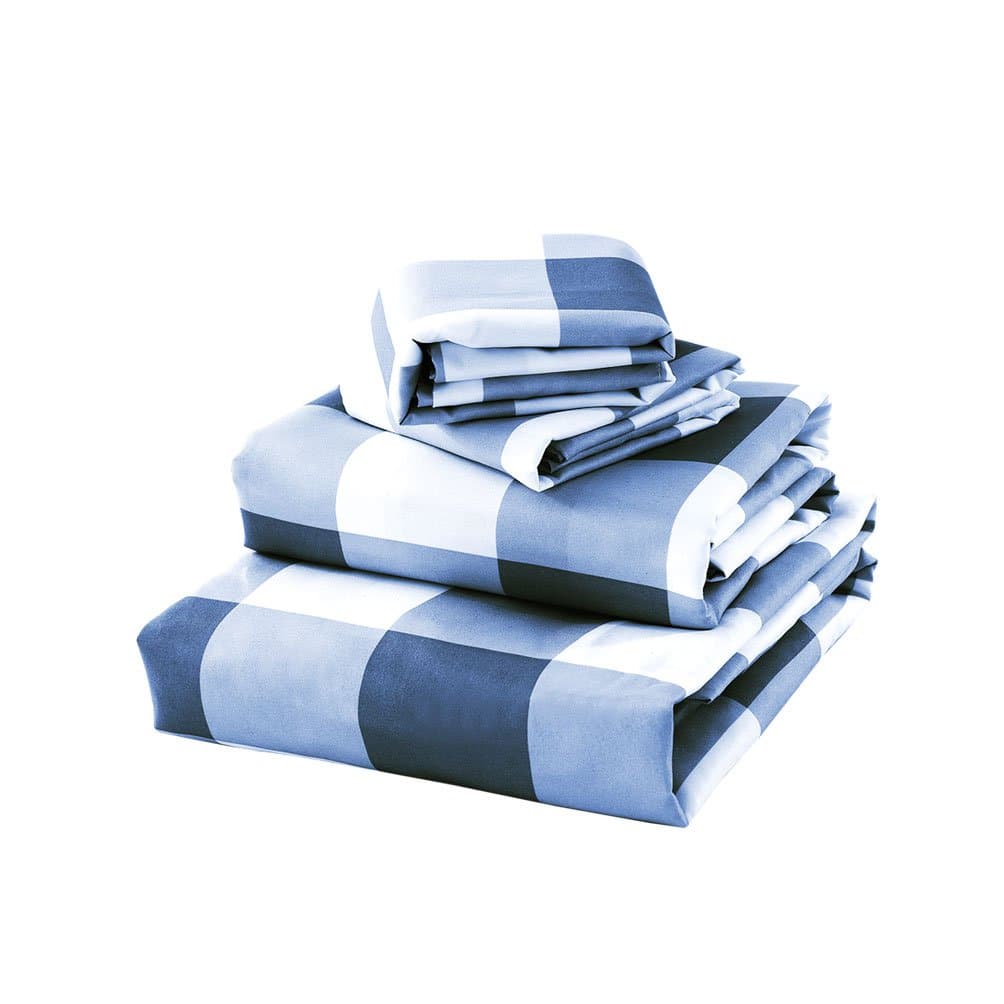 BASIC CHOICE Brushed Microfiber Bed Sheet Set, Gingham Blue, Twin, 3 Pieces