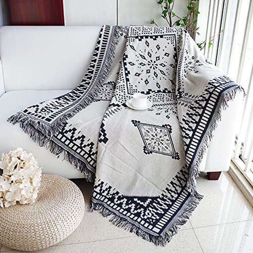 UNIGARDEN 51" X 71" Inches Multi-Function Throw Blanket Double Sided Cotton Woven Couch Throw (Blue and White Geometry, 51"X71")