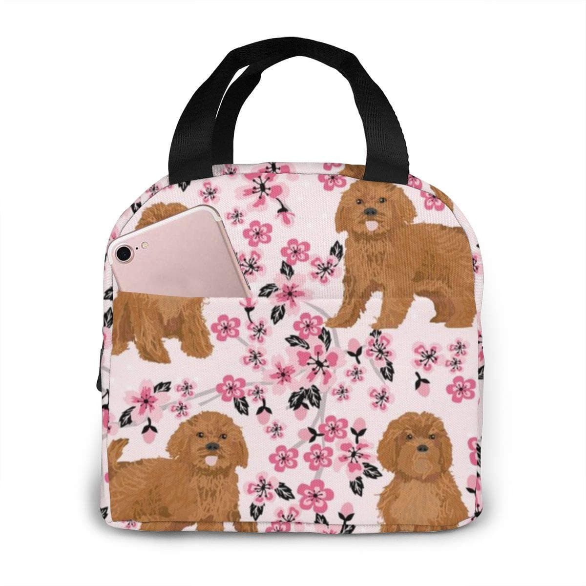 Ruby Cavoodle Cavapoo Dog Breed Cherry Blossom Portable Insulated Lunch Bag Thermal Cooler Bento Waterproof Lunch Tote Handbag with Pockets Durable Handles for Work School Travel